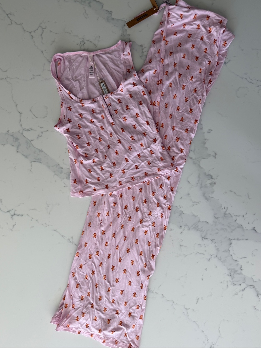 SKIMS Pink Gingerbread Man - Print Tank & Pant Sleep Set